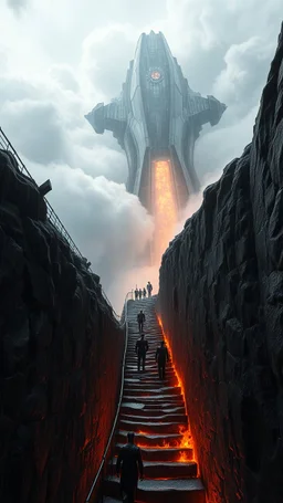 Fire under narrow black stone path above the ground gradually getting higher into the clouds no railings, dangerous drop people in black leathers medievil period weather is wet spiraling into the clouds fantasy,a huge spaceship at the top