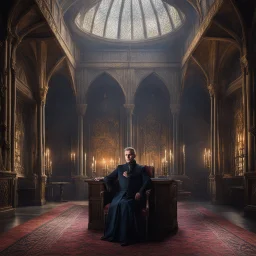 [game of thrones] In the grand throne room of Castle Evermoor, the seat of power for the Thornwood family, Baron Cedric Thornwood commands his presence with an air of dignity and authority. Tall and regal, he possesses a commanding presence that demands respect. Baron Cedric's greying hair is neatly combed, and his piercing blue eyes reflect both intelligence and a sense of responsibility. Clad in fine garments befitting his noble status, he exudes an aura of leadership.