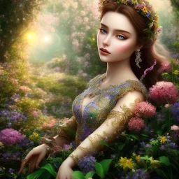 libanese fairy, beautiful portrait, flowery landscape