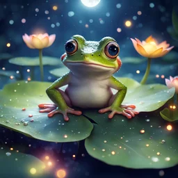 cute tiny baby frog with big eyes sitting on a lotus leaf in the moonlight, night starry sky, the moon light on the frog like a spotlight, fire and water particles in air, digital painting, fantasy concept art, sharp focus, high contrast, bright vibrant colors, cinematic masterpiece, shallow depth of field, bokeh, sparks, glitter, 16k resolution, photorealistic, intricate details, dramatic natural lighting