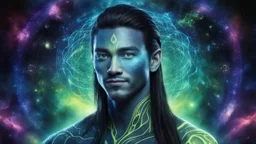 beautiful gorgeous young man na'vi with long hair, Avatar, blue skin, two small ears, green eyes, black hair, in cosmic suit, galactic ambiance, medium pointy goatee , smiling, nebulas and sacred geometry light figures on the backgroud,