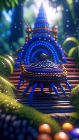 close up portrait of a happy blessed buffalo soldier space alien mega structure with stairs and bridges woven into a sacred geometry knitted tapestry hammock over an ant hill in the middle of lush magic jungle forest, bokeh like f/0.8, tilt-shift lens 8k, high detail, smooth render, down-light, unreal engine, prize winning