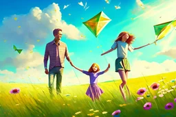 a father, a girl and a boy with a kite flying in the sky on the green field with flowers in sunshine