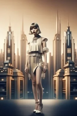 full body picture of a skinny woman with a bob, a fringe hairstyle, 1920s flapper clothing, futuristic city background