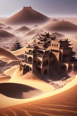 ancient, chinese town, fantasy, desert, dune, sand storm, crater