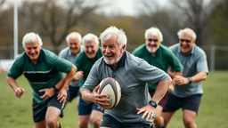 Elderly pensioners playing rugby. Everyone is happy. Photographic quality and detail, award-winning image, beautiful composition.