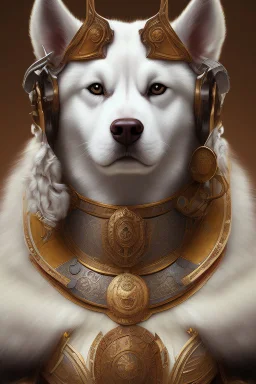 photorealistic cute white husky knight, hyperdetailed painting, luminism, Bar lighting, complex, ancient greek clothes, messy brown old clothes, 4k resolution concept art, Artgerm, WLOP, Alphonse Mucha, 3d render, octane render, intricately detailed, cinematic, awesome full color, hand drawn, dark, gritty, realistic mucha, klimt, cinematic