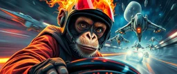 bad ass psychic hypnotic,clumsy ninja reggae monkey with helmet and with ears on fire, b movie poster, etheral astral weird perspective worried yoga vin diesel legend race car racing with huge g force against spaceships going sideways in ramp driver close up portrait of dj magic kobold gremlin farmer pilot looking down on cam, with background in the style of escher and giger, a chill contrapunctus fugue in the style of fsol, beethoven,