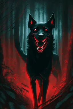 in the style of William Adolphe Bouguereau, a monstrous black hound with red, glowing eyes and sharp teeth, a wicked grin in a dark forest