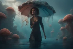 tall slim woman in ragged, torn clothing, in an underwater scene, holding an umbrella made from a jellyfish, detailed matte painting, deep colour, fantastical, intricate detail, complementary colours, fantasy concept art, 8k resolution, Unreal Engine 5