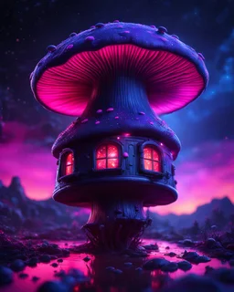 An illogical floating mushroom house on a clear moonless night. . Bright Bold Bright Colors, blue pink white, Starry Dark cosmic interstellar. Detailed Matte Painting, deep color, fantastical, intricate detail, splash screen, hyperdetailed, insane depth, concept art, 8k resolution, trending on Artstation, Unreal Engine 5, color depth, backlit, splash art, dramatic, High Quality Whimsical Fun Imaginative Bubbly, perfect composition