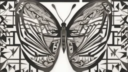 A striking monochrome stencil artwork featuring a butterfly, meticulously crafted with intricate geometric shapes. The butterfly's wings are composed of interlocking triangles and squares, forming a bold and striking pattern that contrasts sharply with the smooth, blank background. The overall design embodies modern, urban art with a minimalistic touch, creating a captivating and distinctive visual experience