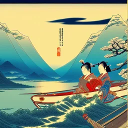 Ukiyo-e styled art, stream, mountain, sun, family on a boat