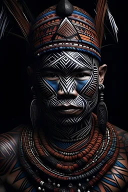 A portrait where traditional tribal elements like geometric patterns, body paint or native attire fuse seamlessly with the subject's features.