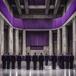 Dim concrete totalitarian brutalist imposing council hall with statesmen in black coverall uniforms and purple flags