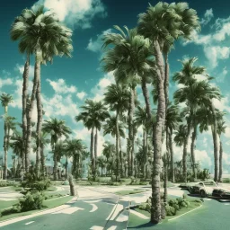 1980's aesthetic vaporwave palm trees and spheres and sports car