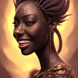 Portrait of black woman, smiling, sango fantasy, fantasy magic, intricate, sharp focus, illustration, lot's of grain on the skin, tribal tatoos,highly detailed, digital painting, concept art, matte, masterpiece, one head, high key lighting, volumetric light high details psychedelic background