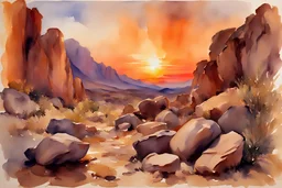 Sunset, rocks, mountains, rocky land, epic, john singer sargent watercolor paintings