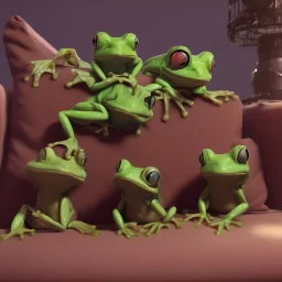 Two frogs sitting on the sofa in the living room and PS4 consoles in their hands,fantasy,4K,8K,16K