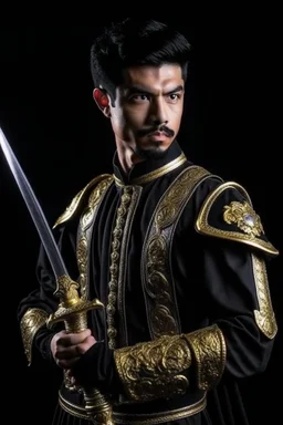 young european black hair adult royal guard swordsman with rapier