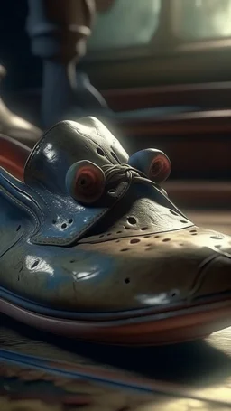 Bosch painting style nightmare, A hyperrealistic shot of a pair of old army leather shoes with a large hole in front and small mouse hidden in it , the head of the mouse , intricate details, soft natural light, screen captured from 4K Blu-ray