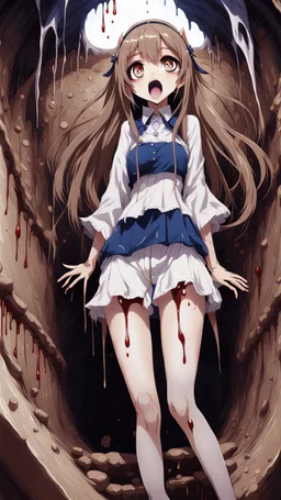 Anime girl with big eyes, darkblue and sepia tones, fullbody, slime, the perspective looking up from the bottom of an empty well, rolling eyes, tongue out, blood drip, open mouth, big thighs, long hair white,