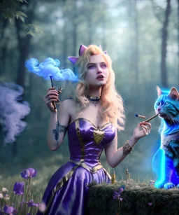 Ultra realistic wonderland photo, happy blonde woman smoking a shisha, blue dress, purple-cat friend, circus dress style, old school tattoo, smoke, marijuana garden, glow eyes, perfect iris, soft color, highly detailed, unreal engine 5, cinematic, ultra detail, volumetric lighting, high definition.