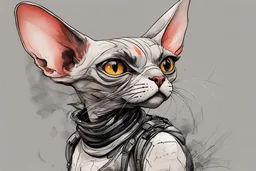 create a wild caricature of a ragged streetwise cyberpunk female mercenary Sphinx cat, highly detailed with refined feline features in the cartoon caricature style of Gerald Scarfe and Ralph Steadman precisely drawn, boldly inked, vividly colored, 4k