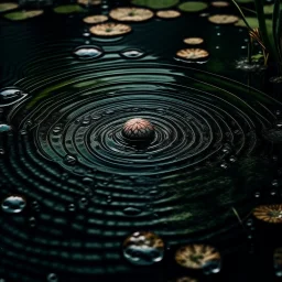 a raindrop creating a beautiful circle in a pond, dark colours