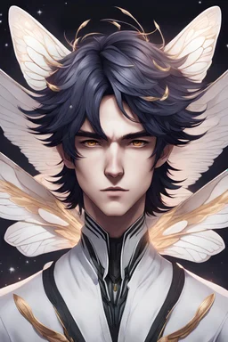 Portrait of a beautiful male anime moth alien humanoid, wings as hair