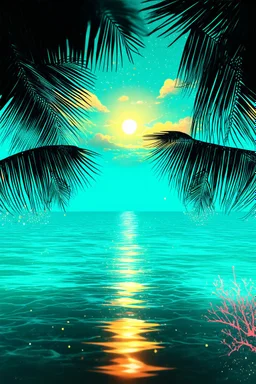 Luxury Tropical House album cover, award-winning music artwork, crystal-clear turquoise ocean merging into an endless horizon beneath a radiant golden sunset. Exotic palm trees illuminated by soft neon cyan and coral lights sway in the warm breeze. Glowing particles drift through the air like fragments of melody, creating a magical atmosphere. Elegant reflections dance across the water surface, while subtle geometric patterns inspired by electronic music production are integrated into the enviro