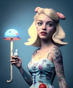 Ultra realistic portrait, wonderland, happy blonde Alice smoking a pipe, blue dress accompanied by elegant anthropomorphic white rabbit, circus dress style, old school tattoo, laughter, smoke, marijuana garden, mushroom lamps, glow eyes, perfect iris, soft color, highly detailed, unreal engine 5, ray tracing, RTX, lumen lighting, ultra detail, volumetric lighting, high definition.