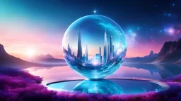 costructions futuristes transparents, lumière des etoiles , sentier cosmiques, Belle nature, turquoise, rose, bleu, Pierres précieuses scintillantes, éclatant de mille étoiles. Reflets chatoyants, refractions magiques, dansent et jouent, chemins brillantes, cosmiques, lumière cristalline, les formes captivantes se révèlent, Un monde de féerie, ciel bleu, vaisseau de lumiere, transcendante.