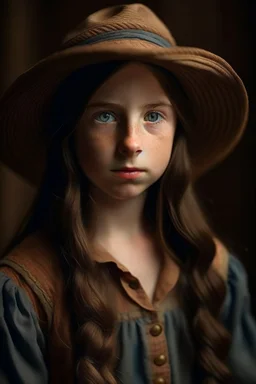 A girl with long dark brown hair, with a straw hat on her head, blue eyes, dressed in farm clothes