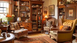 A cozy and vintage-inspired bedroom with a wooden armoire, a plush armchair, and a patterned rug. The walls feature framed artwork and shelves with decorative items. The overall atmosphere is warm and inviting.