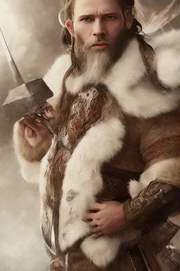 Viking style, 8K, a Highly detailed stunning portrait of Dom man with a kneeling submissive woman, white suit, beard, and short hair, bad boy,