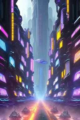 a bustling futuristic cyberpunk city street, reflections, luminous,