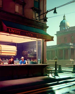 Scene, realistic photo, Edward Hopper style, retro futuristic, concept art, smooth, unreal engine 5, god lights, ray tracing, RTX, lumen lighting, ultra detail, volumetric lighting, 3d.