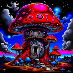 A fantabulous black, red, and blue (((mushroom tower house))) erected atop a (geologic pillar), surrounded by the uncanny imaginative ((( swirling skies))), offset by the stark hues of a (neon-tinged nebulous space scape), within. captured by the hand a skilled master painter with a focus on (softly blurred compositions and voluminous lighting).