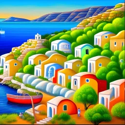an ultradetailed painting of a Greek village by the sea, golden ratio, 4 k resolution, 8 k resolution, oil on canvas, landscape with Bright Colors, pop art