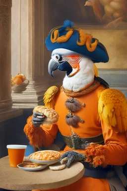 Half parrot half human in a 1700s Orange Dutch uniform eating a bagel in a Dutch cafe