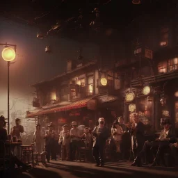 American shot view, old Asian man + little monkey, cabaret scene, steampunk. Sunglasses, smoking, happy, hot. Many people background, highly detailed, concept art, unreal engine 5, god rays, ray tracing, RTX, lumen lighting, ultra detail, volumetric lighting, 3d, finely drawn, high definition, high resolution.