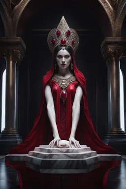 highly detailed marble and ruby sculpture of a female necromancer, beautiful hands, stunning face, volumetric fog, Hyperrealism, breathtaking, ultra realistic, unreal engine, ultra detailed, cyber background, Hyperrealism, cinematic lighting, highly detailed, breathtaking, stunning environment