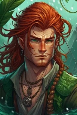 determined wet pirate nereid male with auburn hair and seaweed braid