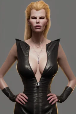 Kim Basinger in black leather gown, evil,energetic, villain, busty, cleavage, curvy, angry, happy, stern look. character design by cory loftis, fenghua zhong, ryohei hase, ismail inceoglu and ruan jia. unreal engine 5, artistic lighting, highly detailed, photorealistic, fantasy