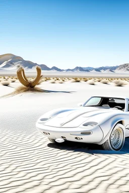 All white textured cobra car at the center background in front a king cobra snake , in desert sands a white Joshua tree