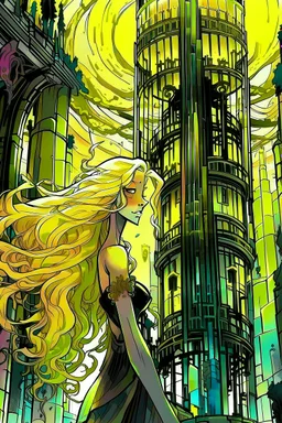 bizarre surreal arafed art, (((heavily stylized Rapunzel))) inside an urban vector tower made of glass columns and dark perpendiculars, (((no facial details))), black revert facial silhouette, demonic yellow slit eyes, fuzzy interlocking untamed hair, long glowing blonde hair like a golden waterfall sweeping into a massive vertical pillar, deconstruct aesthetic, spindle shock, elegant Art Nouveau features with Klimt gold leaf textures, warm yellow orange beige and amber light reflections, abstra