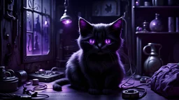 dark place, cozy place, technological,small black cat, body horror, creepy, fantasy, hook, violet