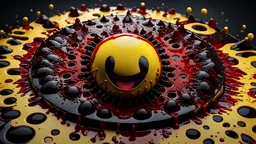 A conceptual art rendering of the Fluidic Marvel of a fantastical combination of a bloody, yellowish, zombified Pac-Man with a sad face and Intricate Ferrofluid Porosity as an evil anti-hero, horror art style, wet, dripping, blood, viscera, 3D Game Cinematic Feel, Epic 3D Videogame Graphics, Intricately Detailed, 8K Resolution, Dynamic Lighting, Unreal Engine 5, CryEngine, Trending on ArtStation, HDR, 3D Masterpiece, Unity Render, Perfect Composition.