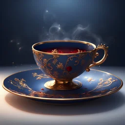 A midnight blue teacup with a gold rim and small red florets on a plate. Illustrative art, art interpretation, concept art, cgsociety contest winner, seasonal art, seasonal art HD, 4k, 8k, intricate, detailed, intricately detailed, luminous, translucent fantasy crystal, holographic data, soft body, shadow play, light, fog, atmospheric, cinematic, light film, hyper-detailed, hyper-realistic, masterpiece, atmospheric, high resolution, 8k, HDR, 500px, mysterious and artistic digital art, phototic,